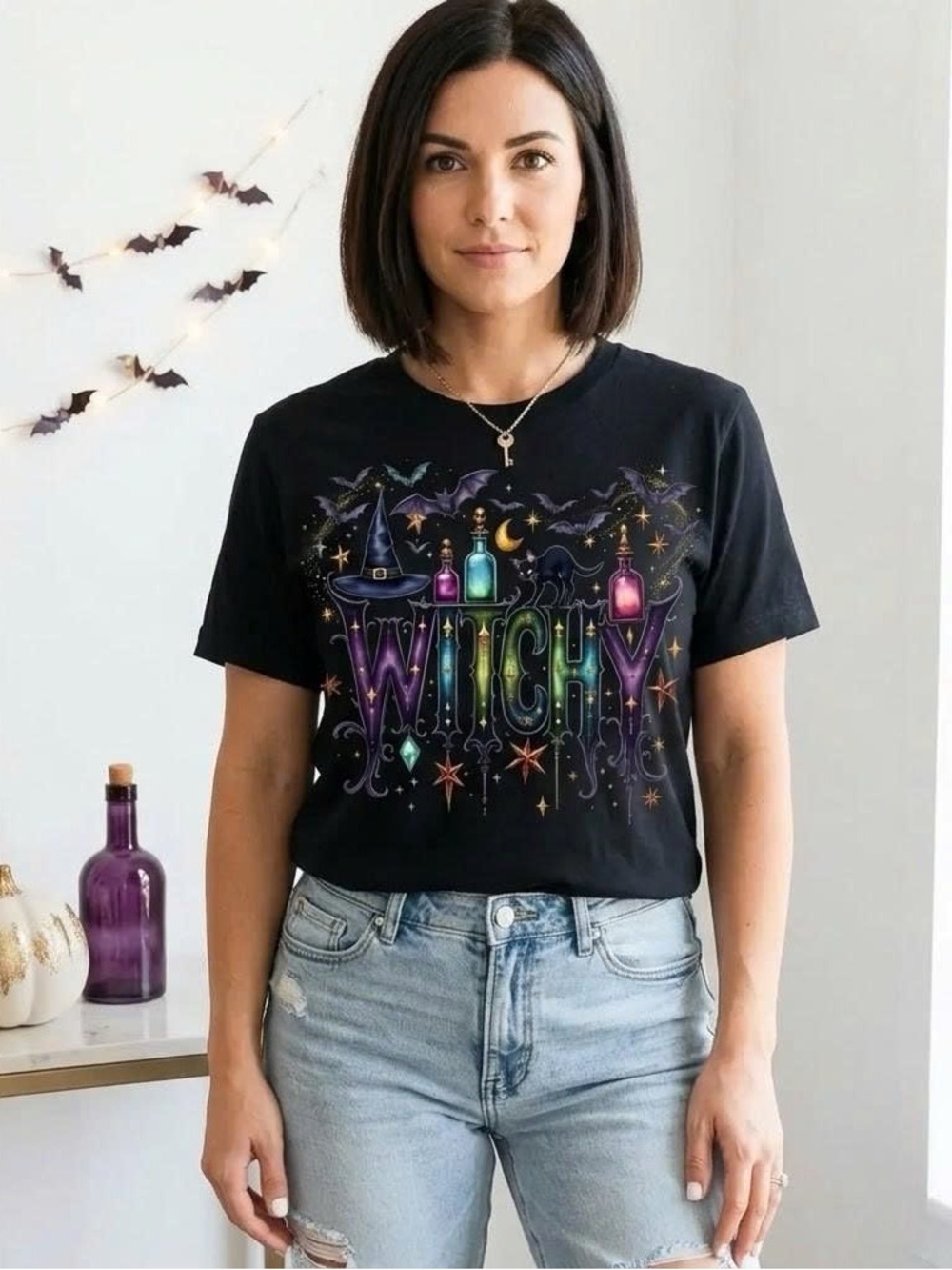 Witchy Magic Potion Bottles Graphic T-Shirt Halloween Black Cat Witch Hat Black